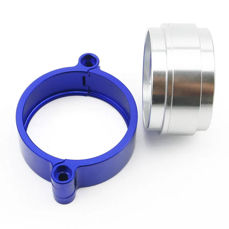 Aluminium fixed movement exhaust clamp for car turbine downspouts in black, blue, or red.