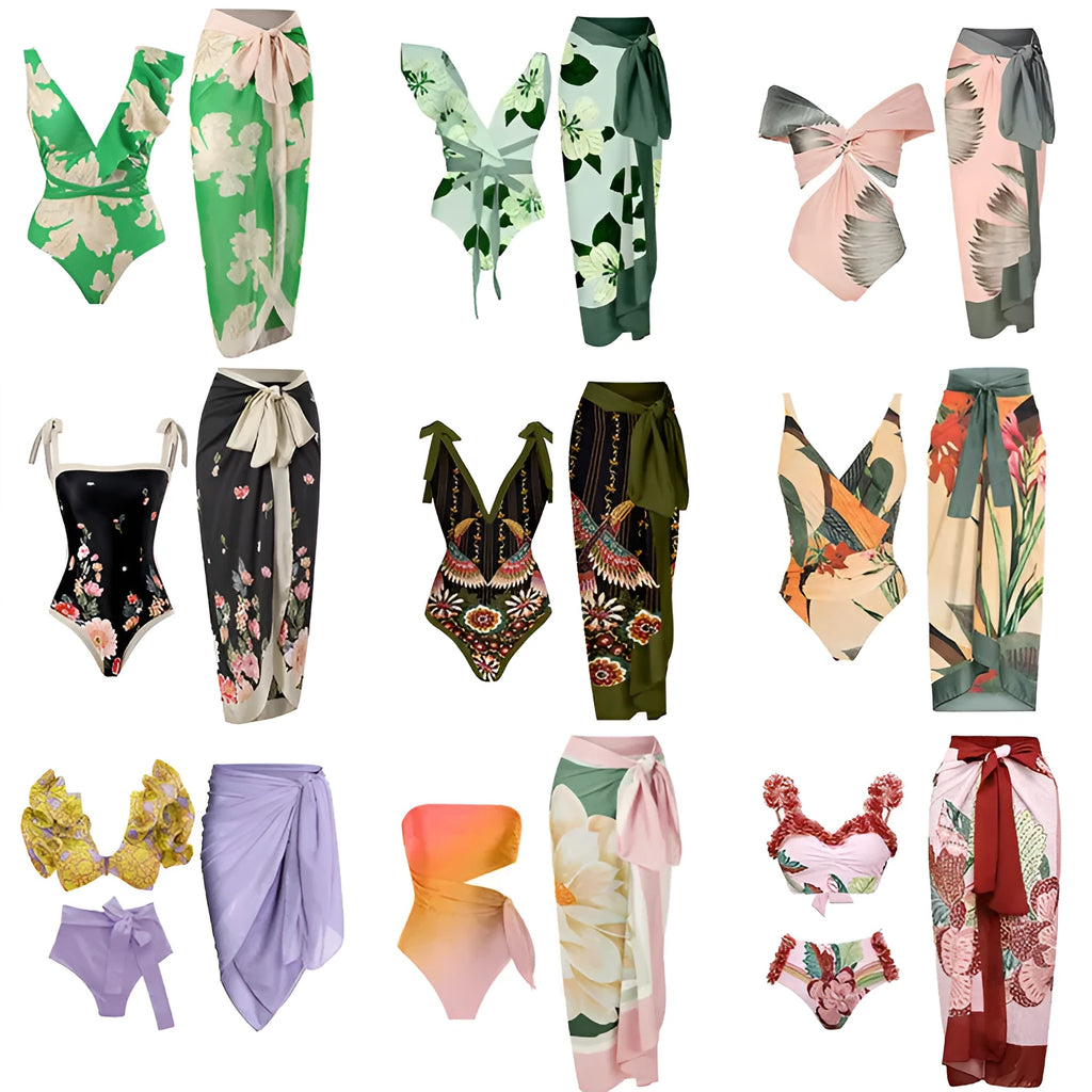 Siamese women's French retro printed one-piece swimsuit in Y3 light green, polyester fabric, belly-covering design
