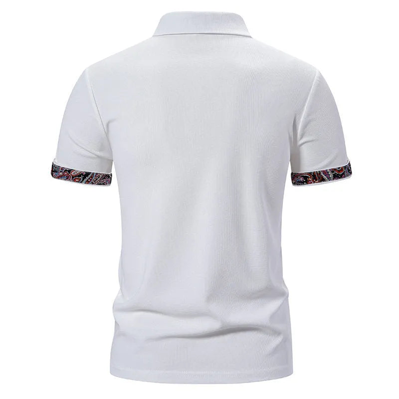 Men's white polo shirt with colour stitching detail on the turnover collar and short sleeves.