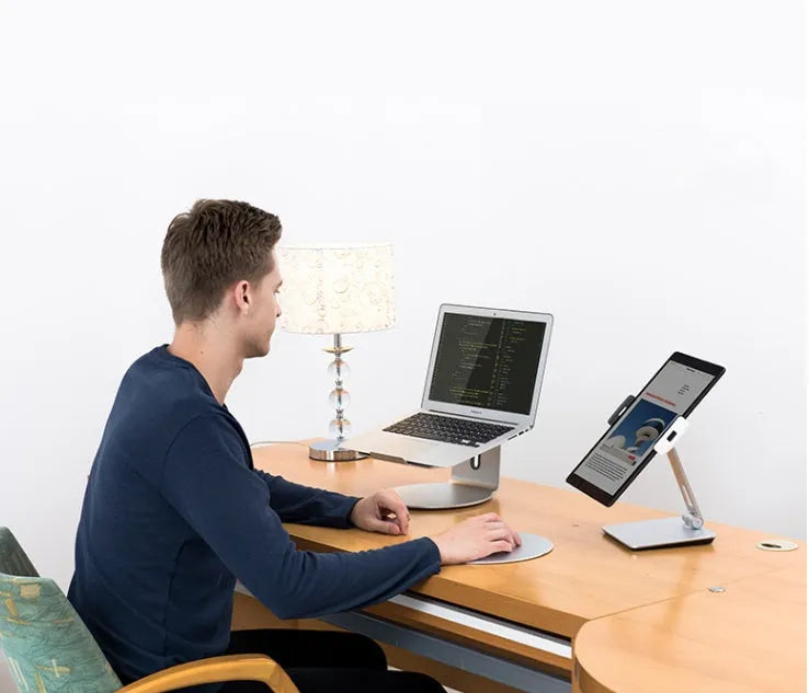 Folding aluminium phone and tablet stand with 360-degree rotation in silver colour