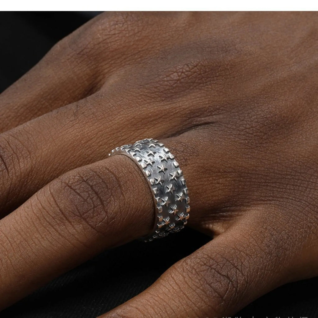 925 silver multi star ring with geometric pattern and adjustable opening