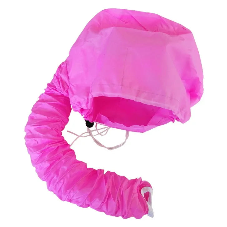 Universal hair dryer bonnet hood attachment with elastic tube end and drawstring closure