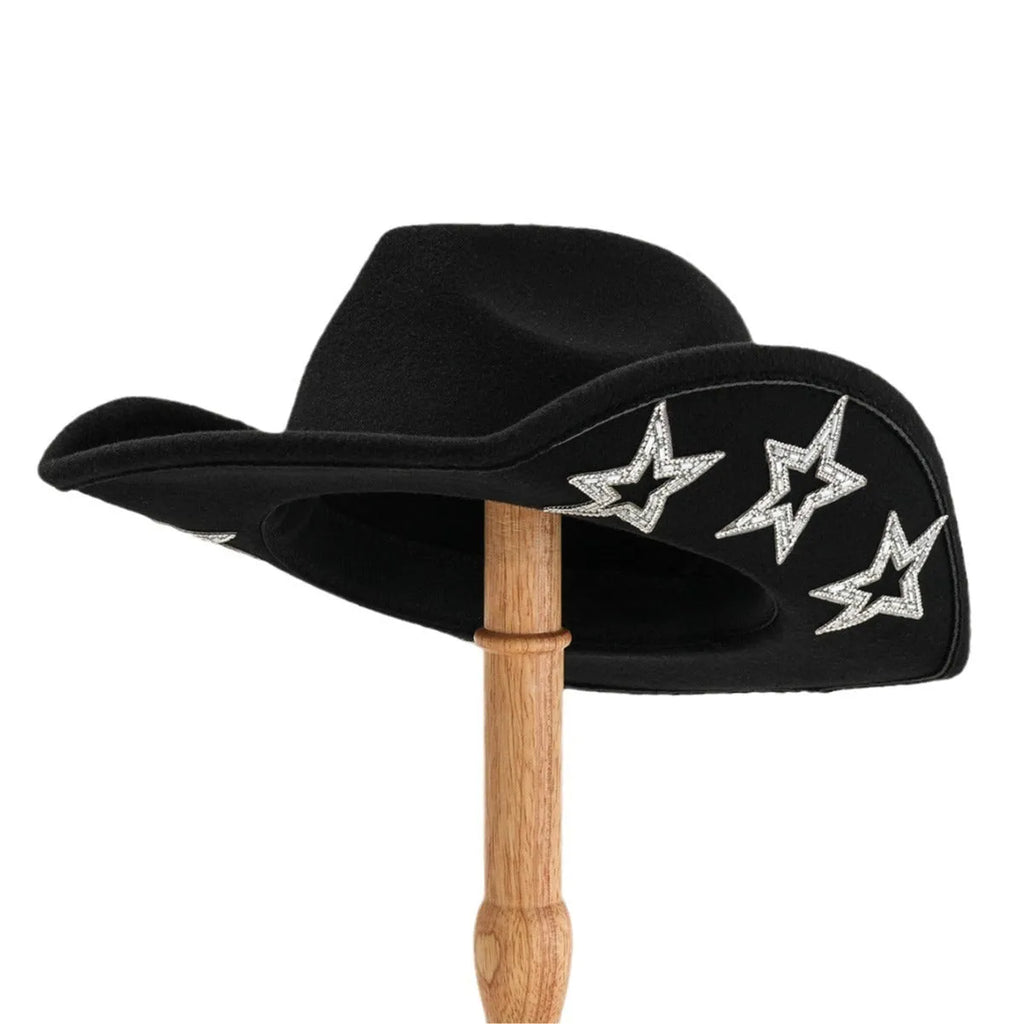 Polyester felt Western denim top hat with conical crown and hexagonal star detail in beige colour
