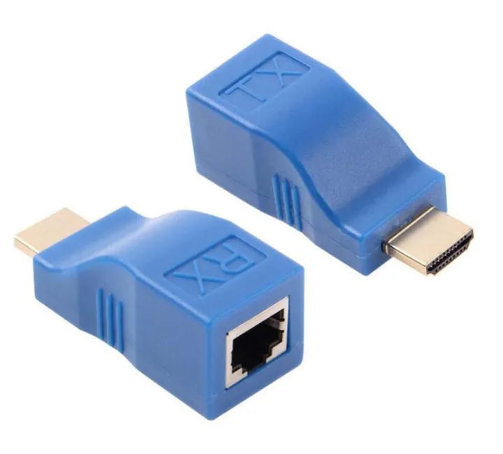 HDMI extender transmitter and receiver kit for extending 1080p signals up to 30m using Cat-6 cable.