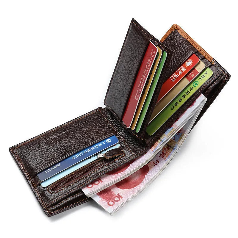Men's horizontal square leather wallet with car stitching, shown open to reveal card slots, bill holder, and zipper compartment.