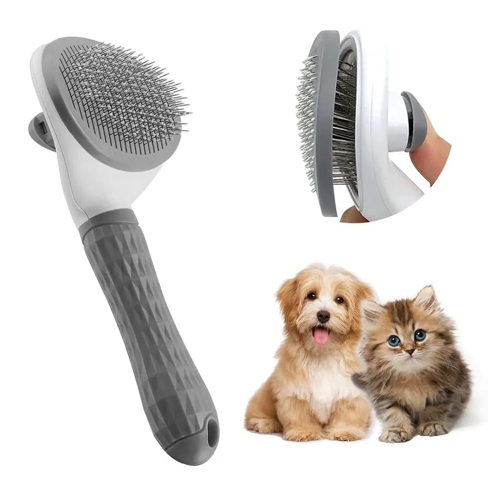 Blue cat grooming brush with a release button and fine wire bristles on a grey background.