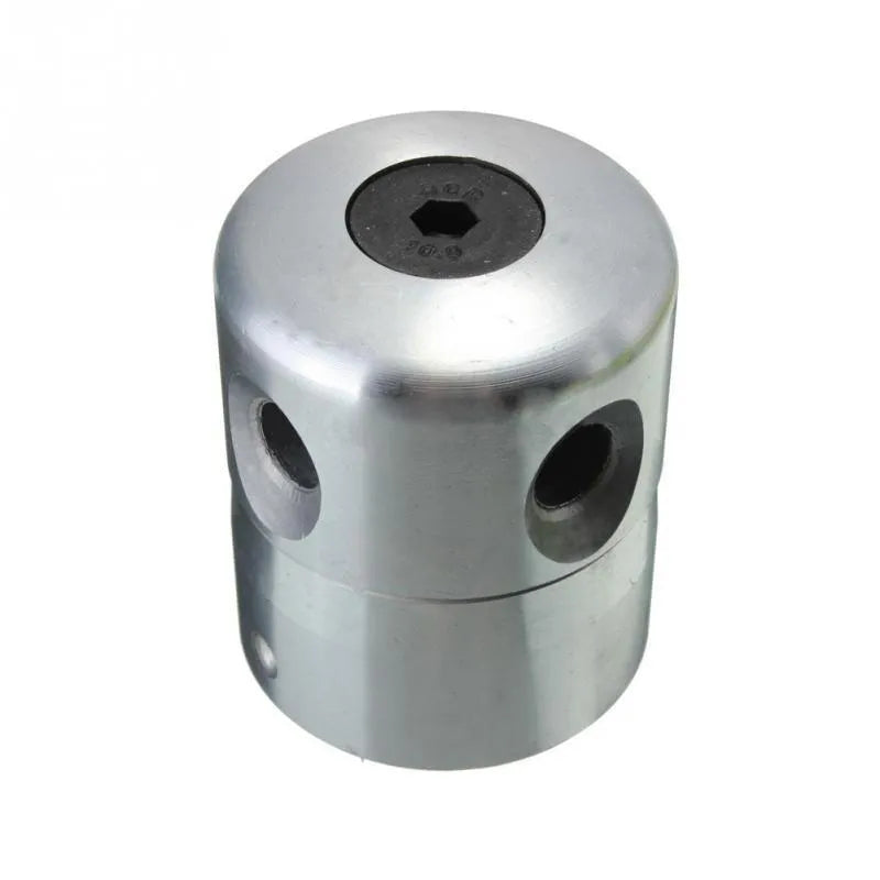 Silver aluminium lawn mower grass trimmer head with four light yellow nylon strings, wrench, and gasket.