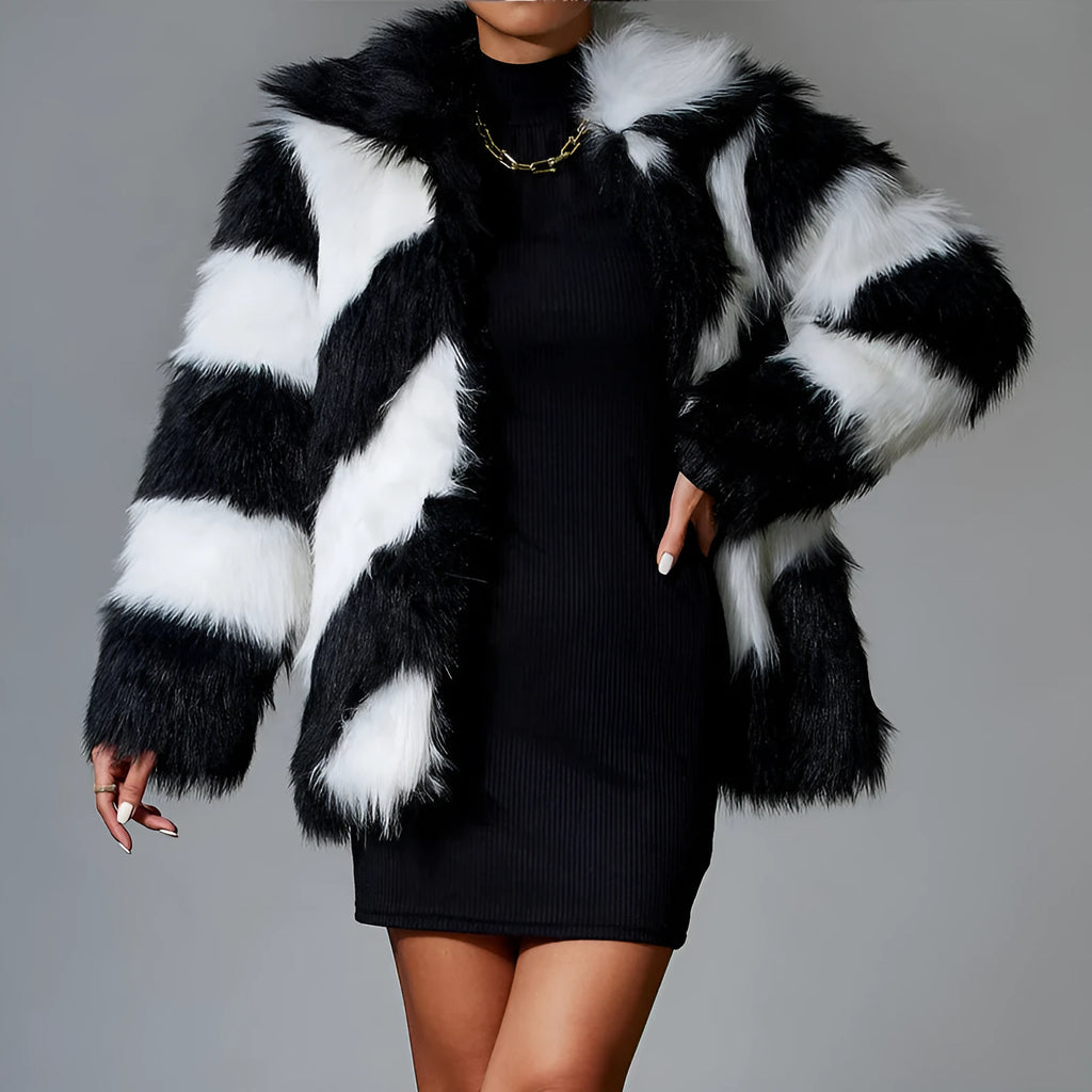 Picture colour faux fur coat with contrast lapel and fur collar, normal length.