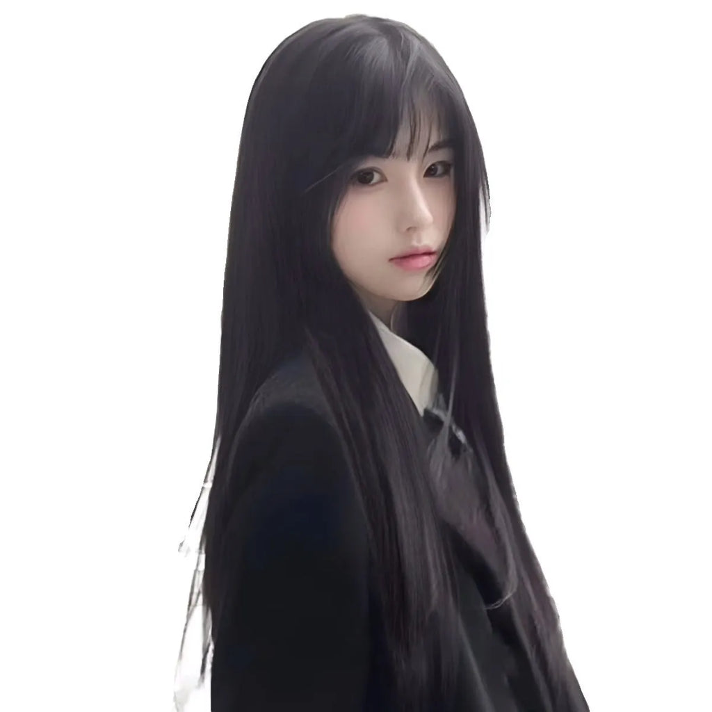 Long straight synthetic wig with bangs in brown-black colour on display