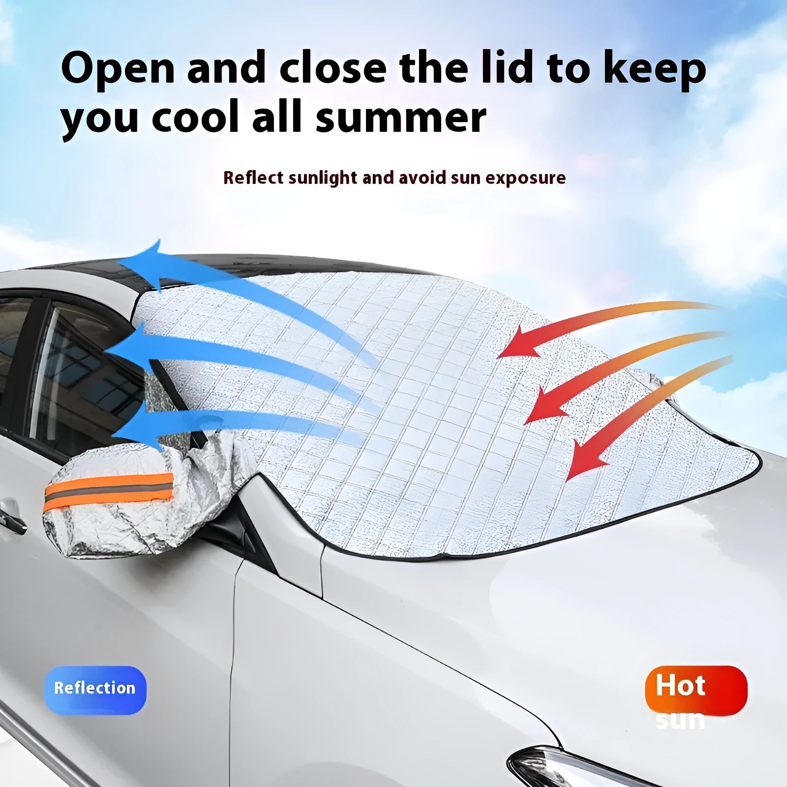 Large luxury aluminium foil winter car cover for SUVs with five black magnetic fasteners and silver reflective edge stripes.