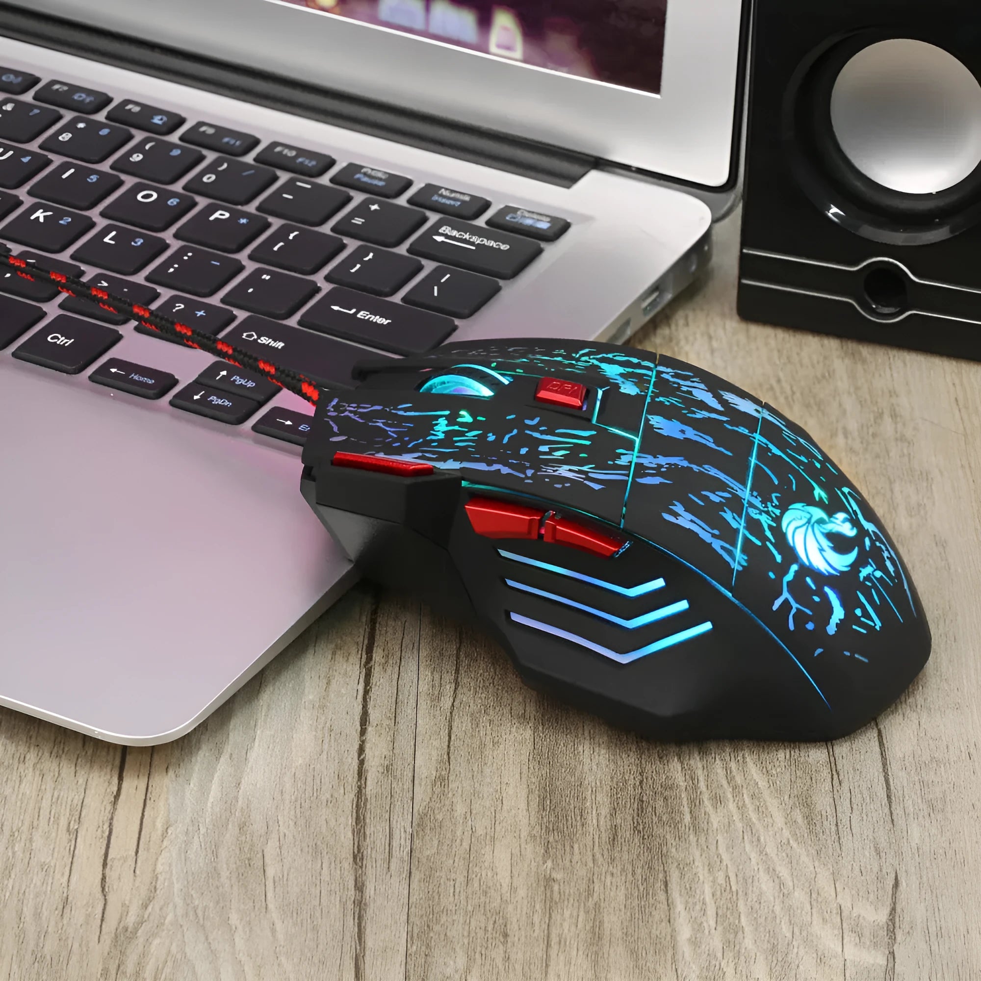 H300BK coloured gaming mouse with colourful LED lights and ergonomic design on desktop