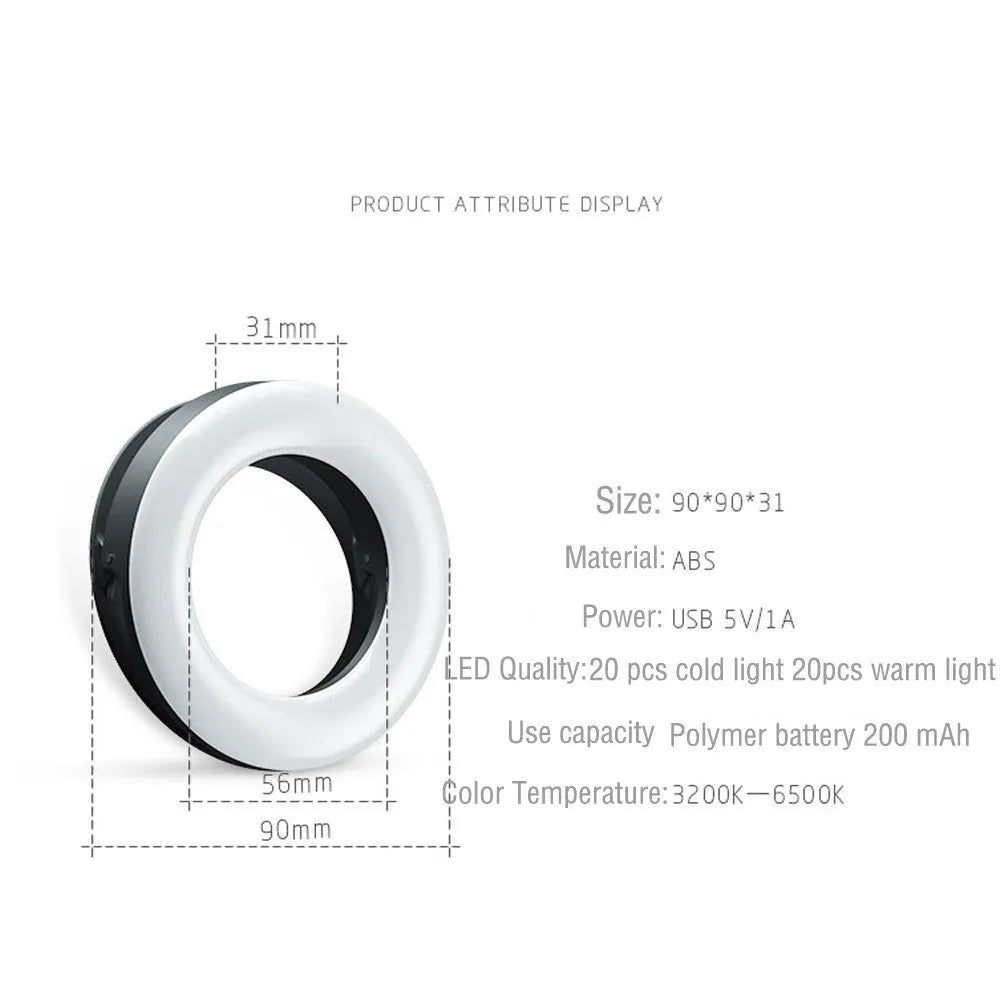 Black USB rechargeable selfie ring light for mobile phone photography with adjustable brightness