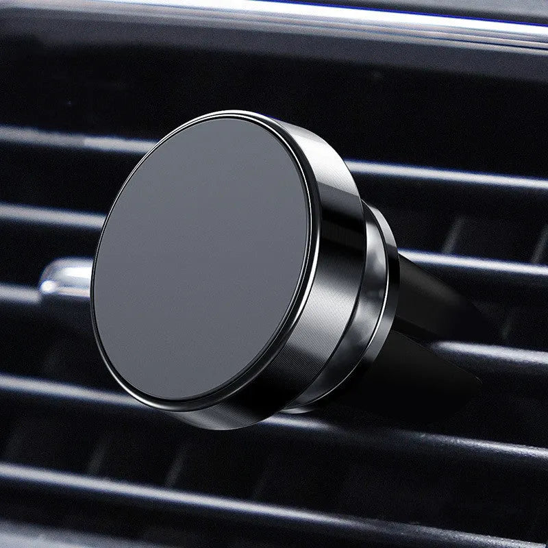 Aluminium alloy magnetic car phone holder in black, gold, and silver colours showing clip and adhesive types.