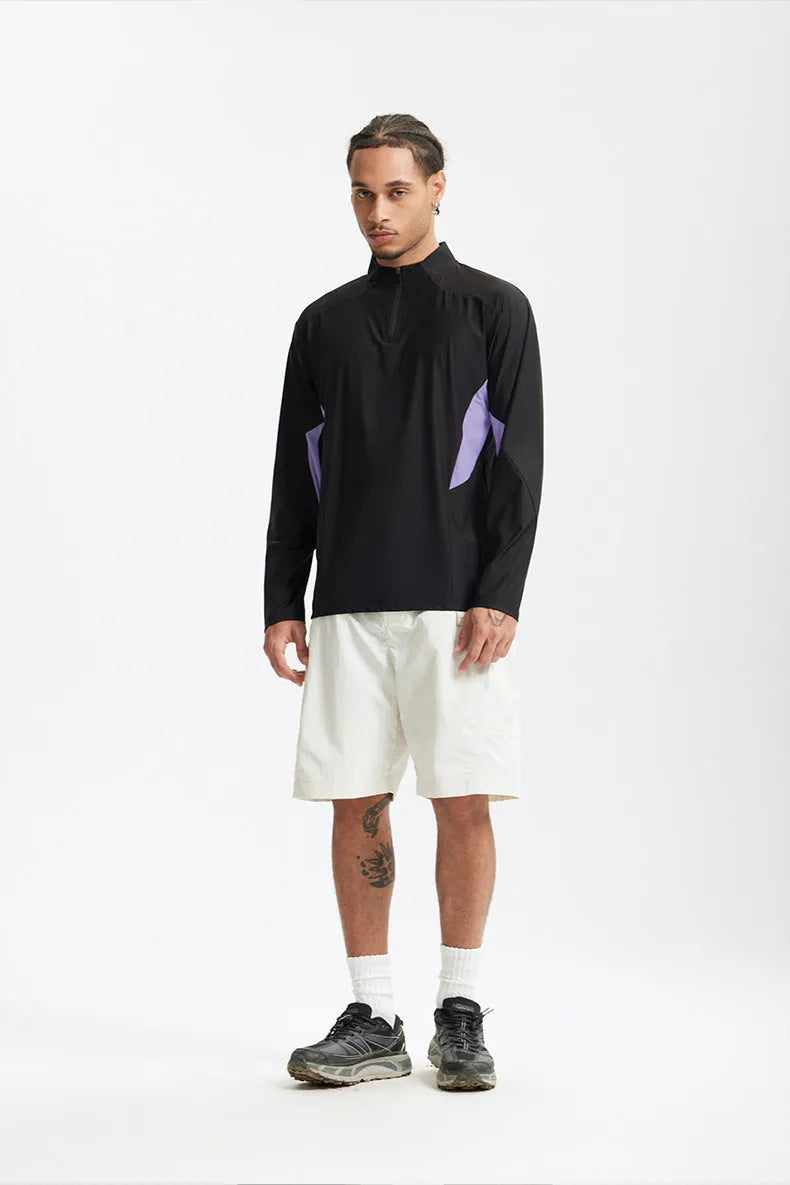 Men's solid colour lightweight polyester top with stitching detail, shown in black and beige with both sleeve length options.
