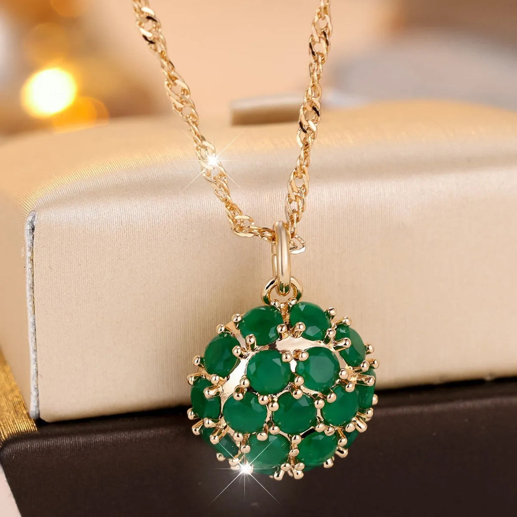 Round emerald and diamond necklace with champagne gold chain 51-60cm length