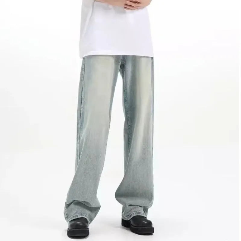 Blue loose-fit retro casual trousers with an elasticated waistband on a mannequin.
