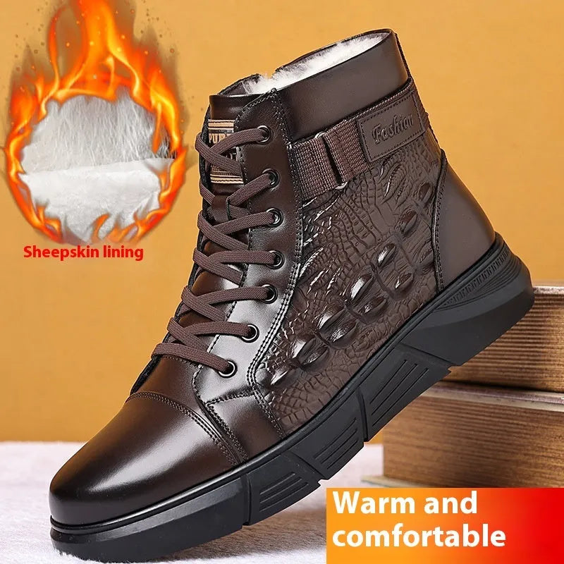Black and brown velvet style snow boots with genuine leather upper and fur lining
