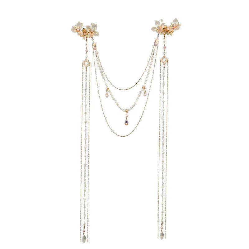 Gold women's hairpin with pearl diamond flower decoration and long tassels