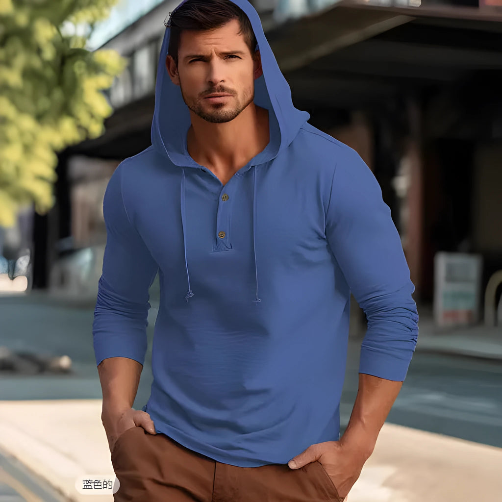 Casual cotton pullover hoodie in multiple colours, showing long sleeves and hood, sized for European and American fit.