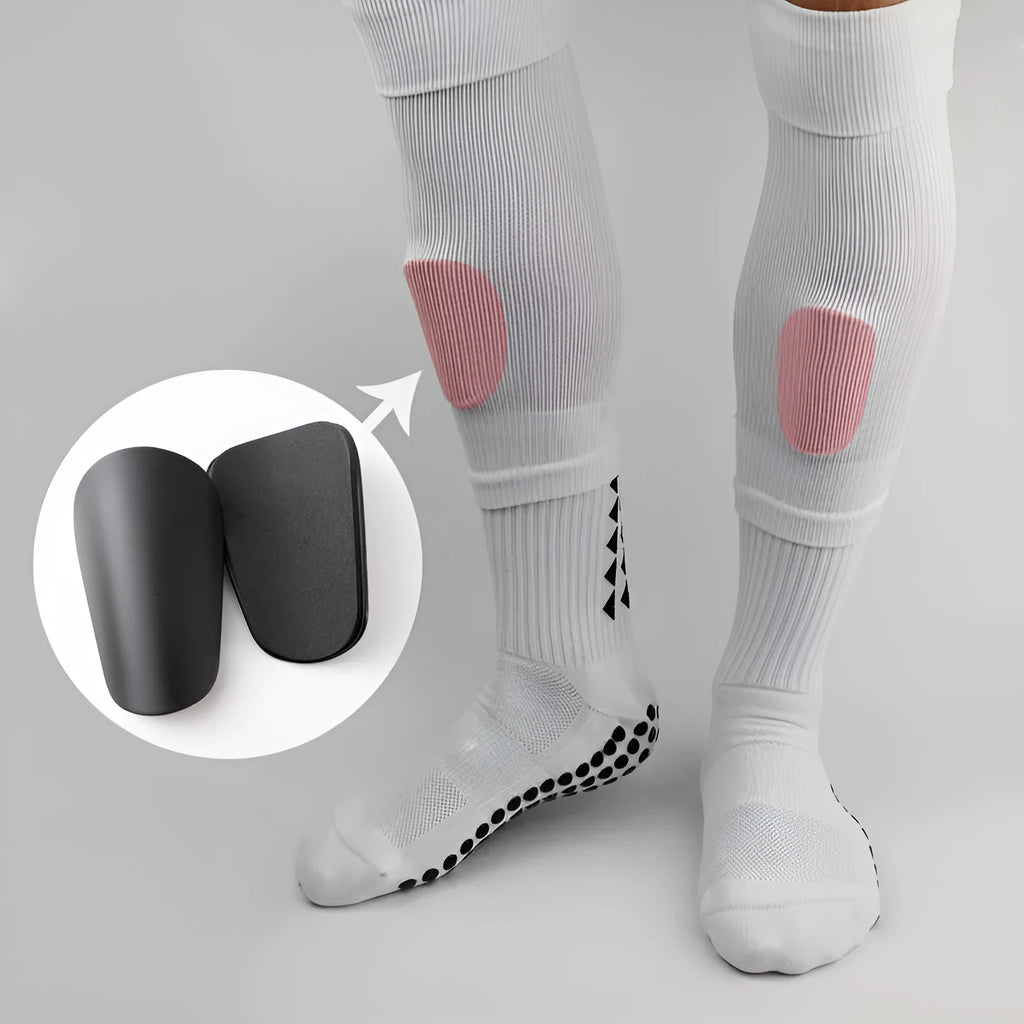Pu mini shin guards in black, white, red, and blue for football running and hiking sports protection.
