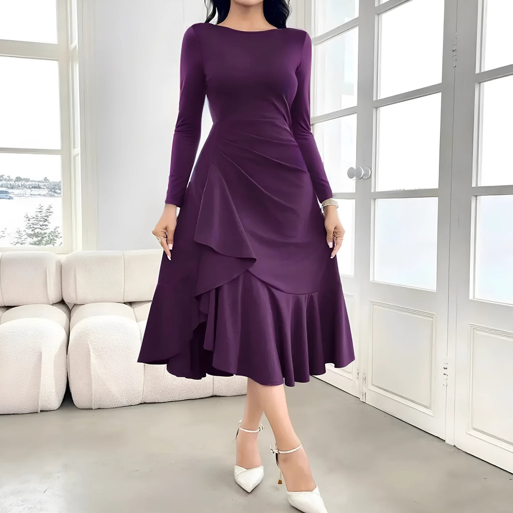Purple women's dress with ruffles detail and long sleeves