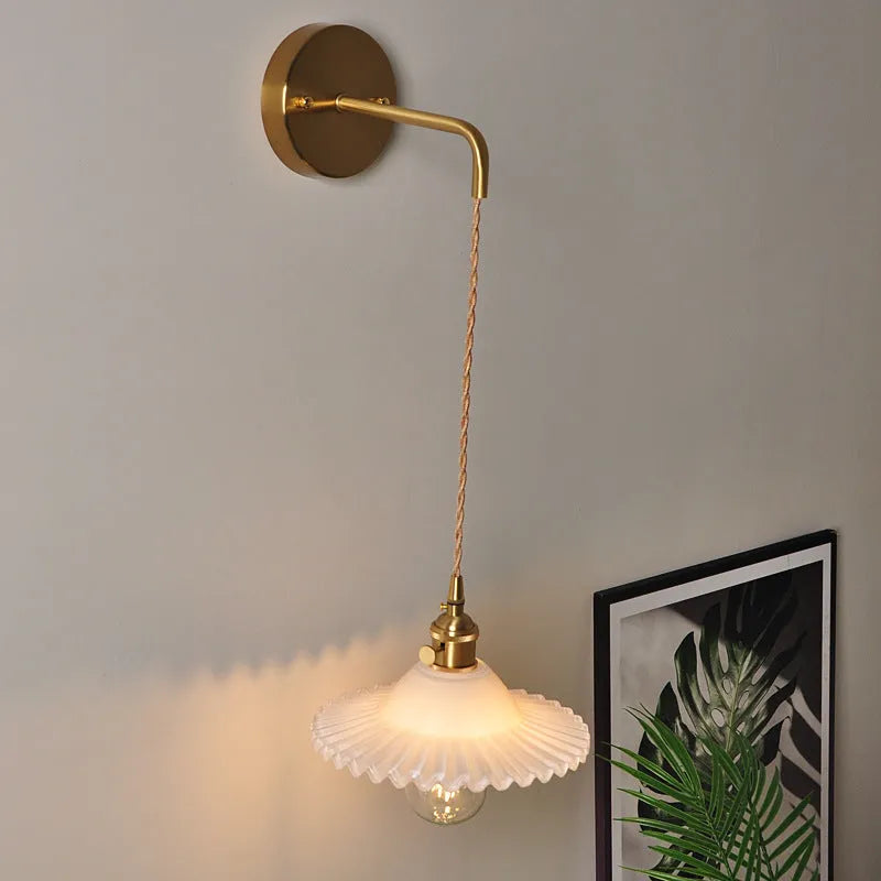Retro brass lotus wall lamp with glass shade in six colour options