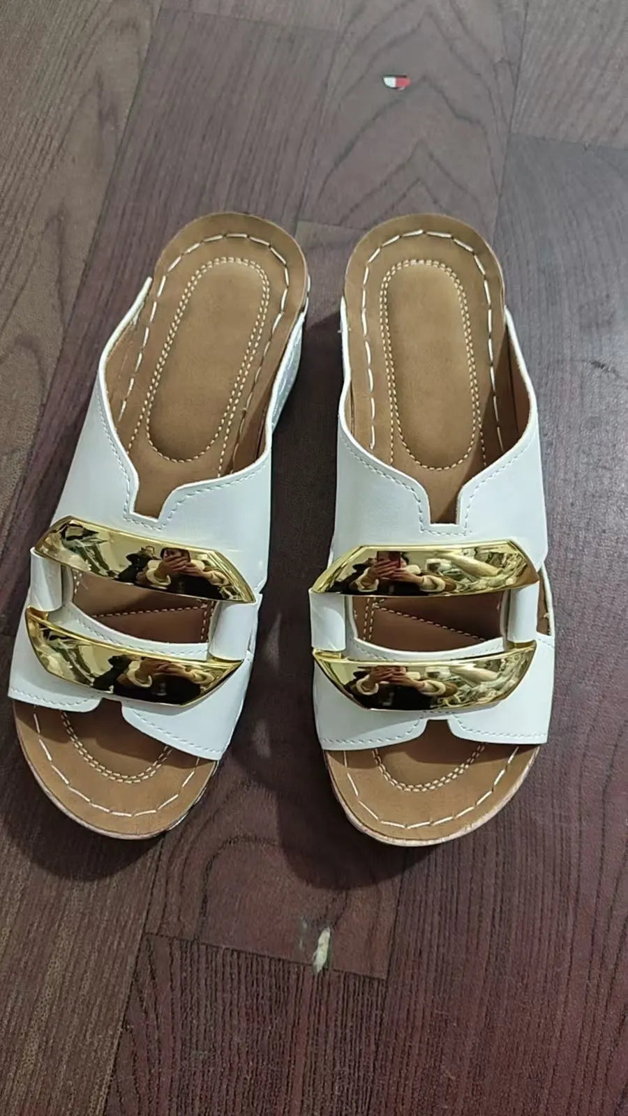 Women's Roman style platform flip-flops in solid colours: white, black, khaki, and sea blue.