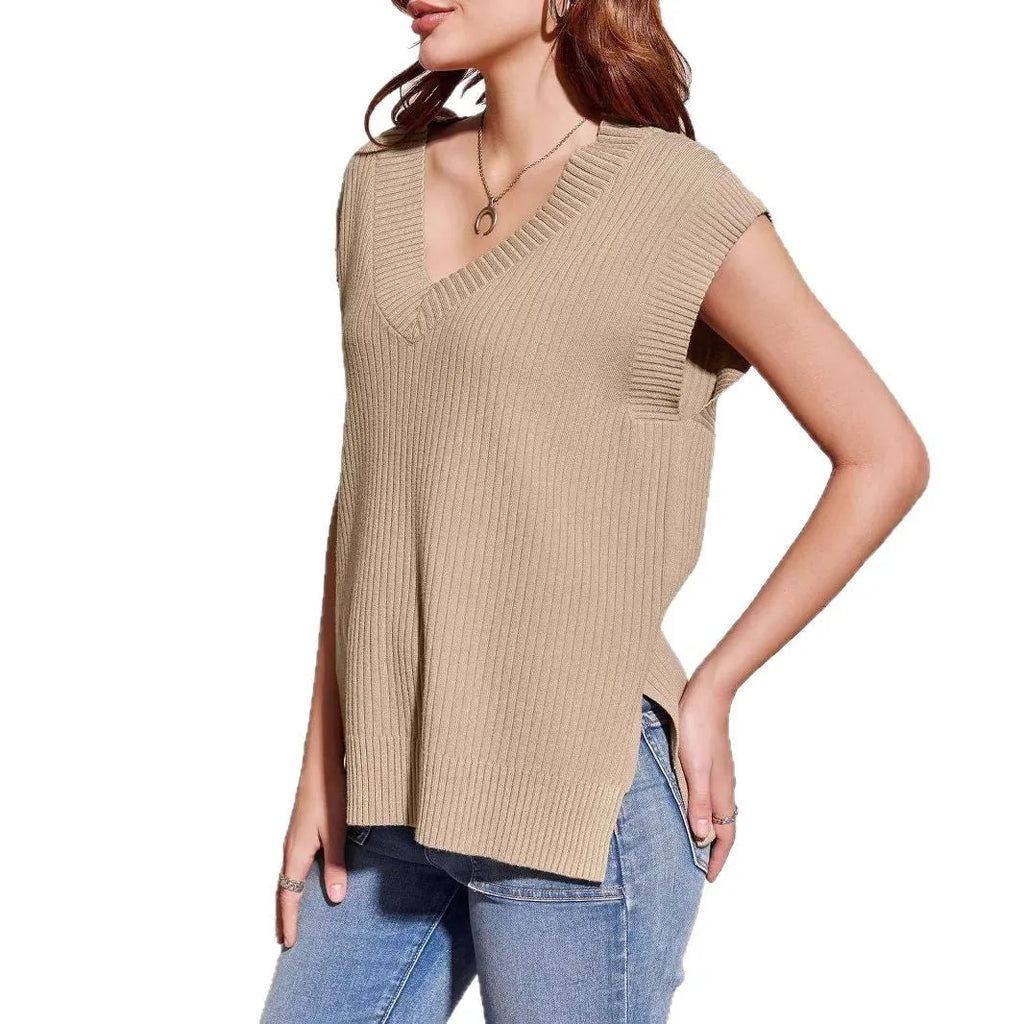 Camel and White women's sleeveless V-neck pullover vest in a loose, thin viscose fabric.