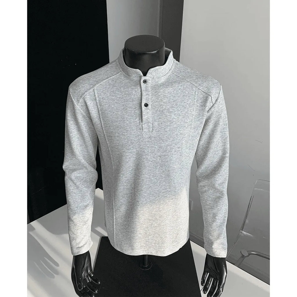 Men's long sleeve polo shirt with stand-up collar and asymmetric patchwork design in loose fitting style