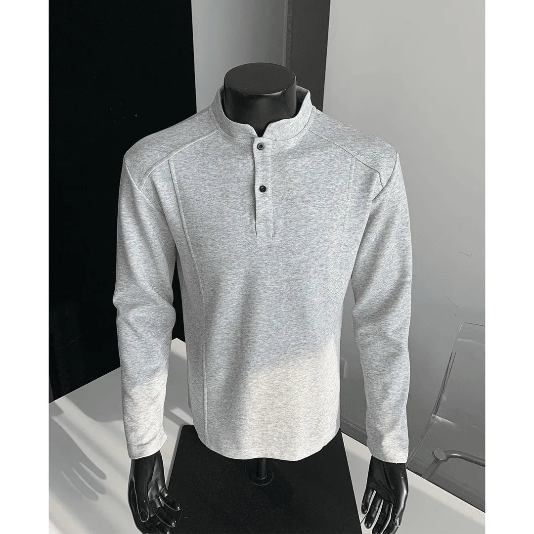 Men's long sleeve polo shirt with stand-up collar and asymmetric patchwork design in loose fitting style