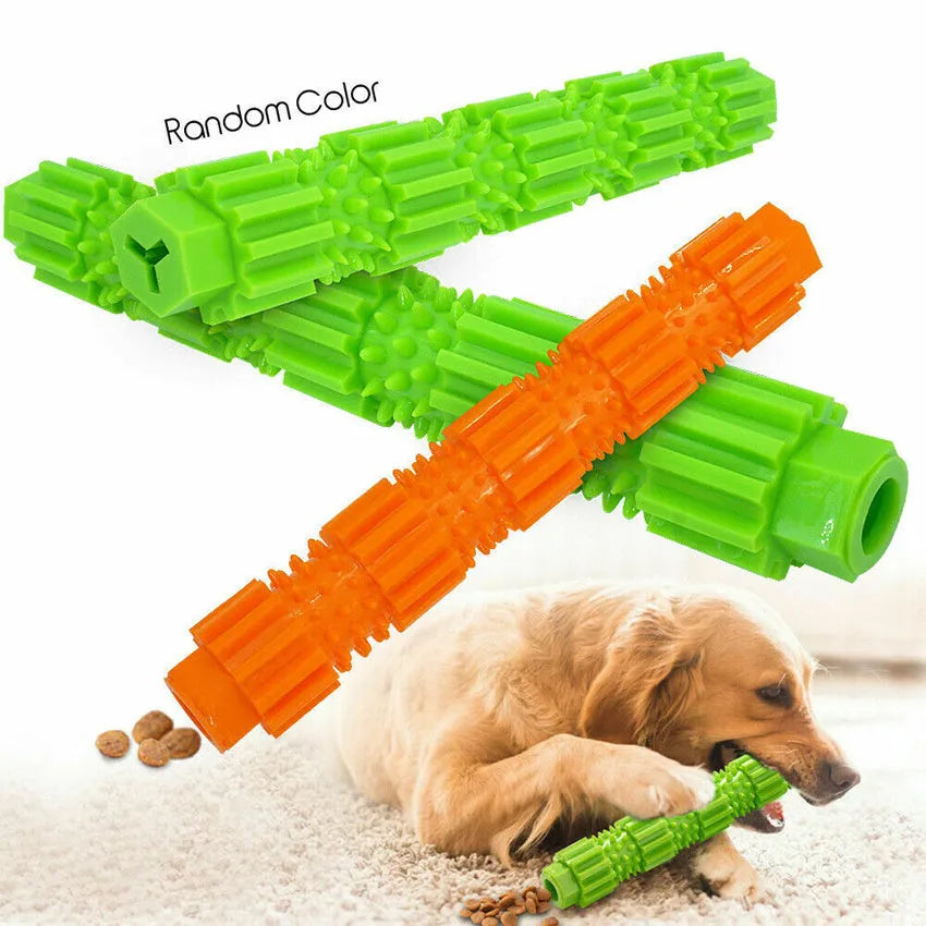 Green durable rubber dog chew toy with treat dispenser hole and textured surface.