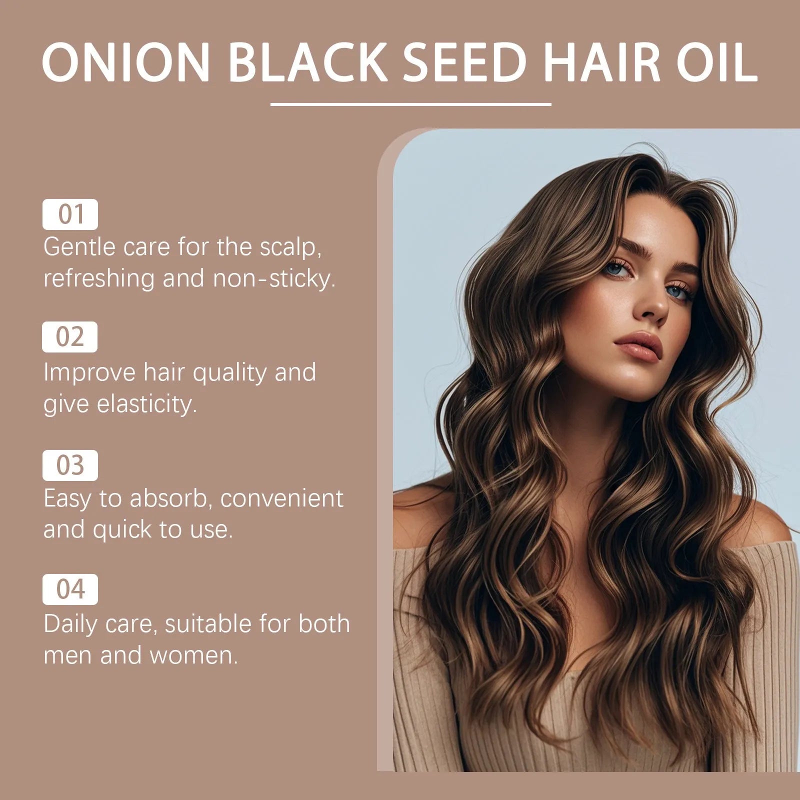 100ml bottle of nourishing hair care essential oil with applicator accessories on a box.