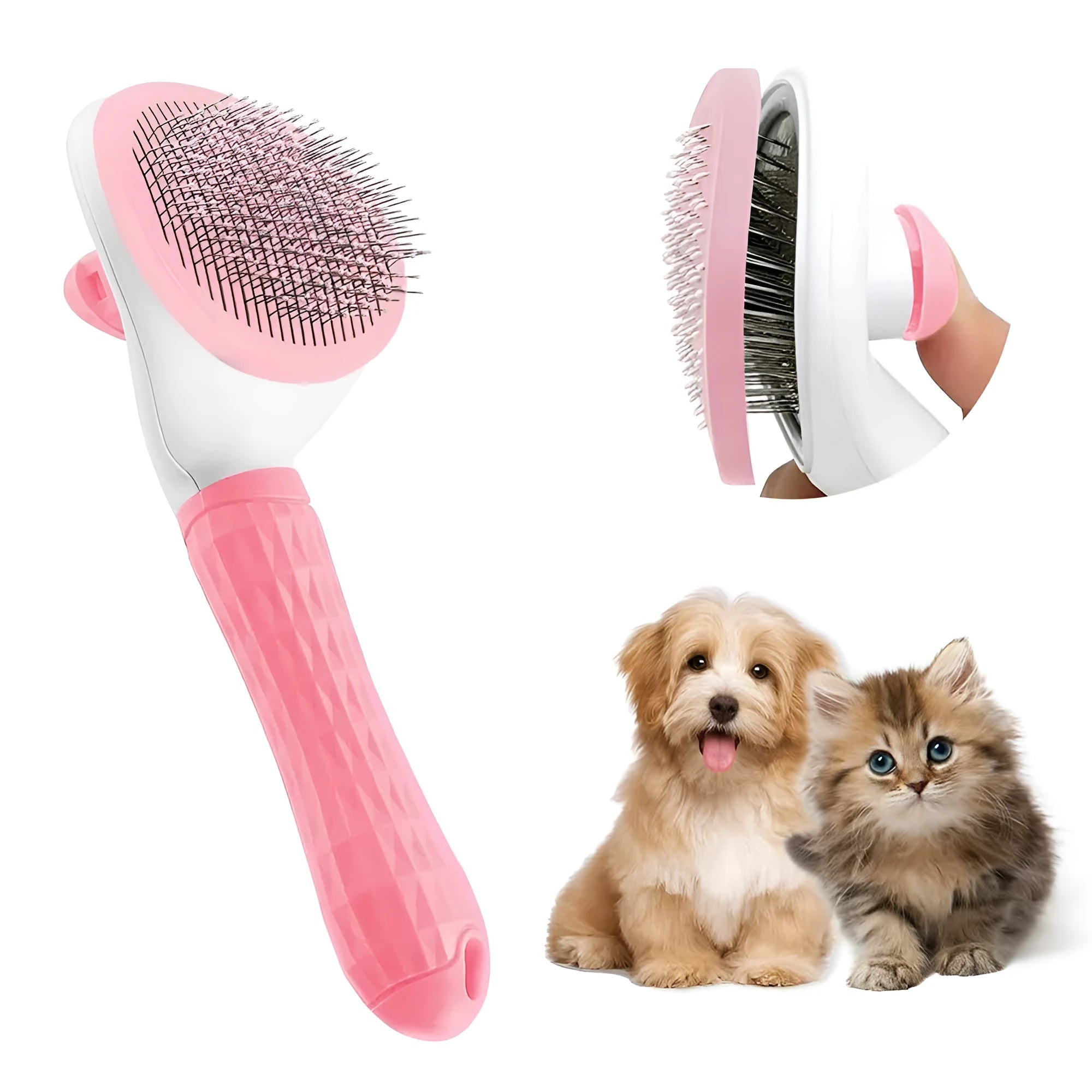 Blue cat grooming brush with a release button and fine wire bristles on a grey background.
