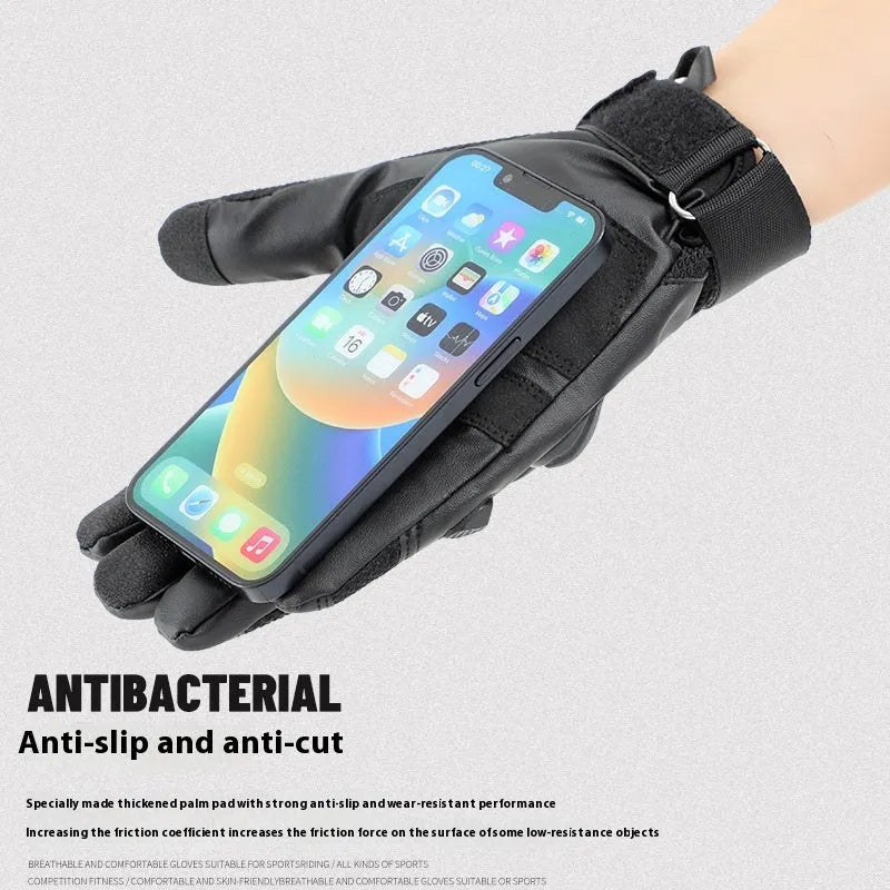 Men's black tactical gloves with full finger coverage showing touch screen compatible fingertips