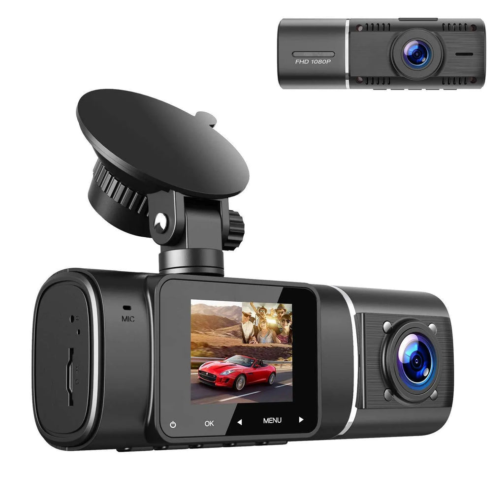 Black car dashcam with 1.5-inch screen showing dual camera recording display for front and rear vehicle monitoring