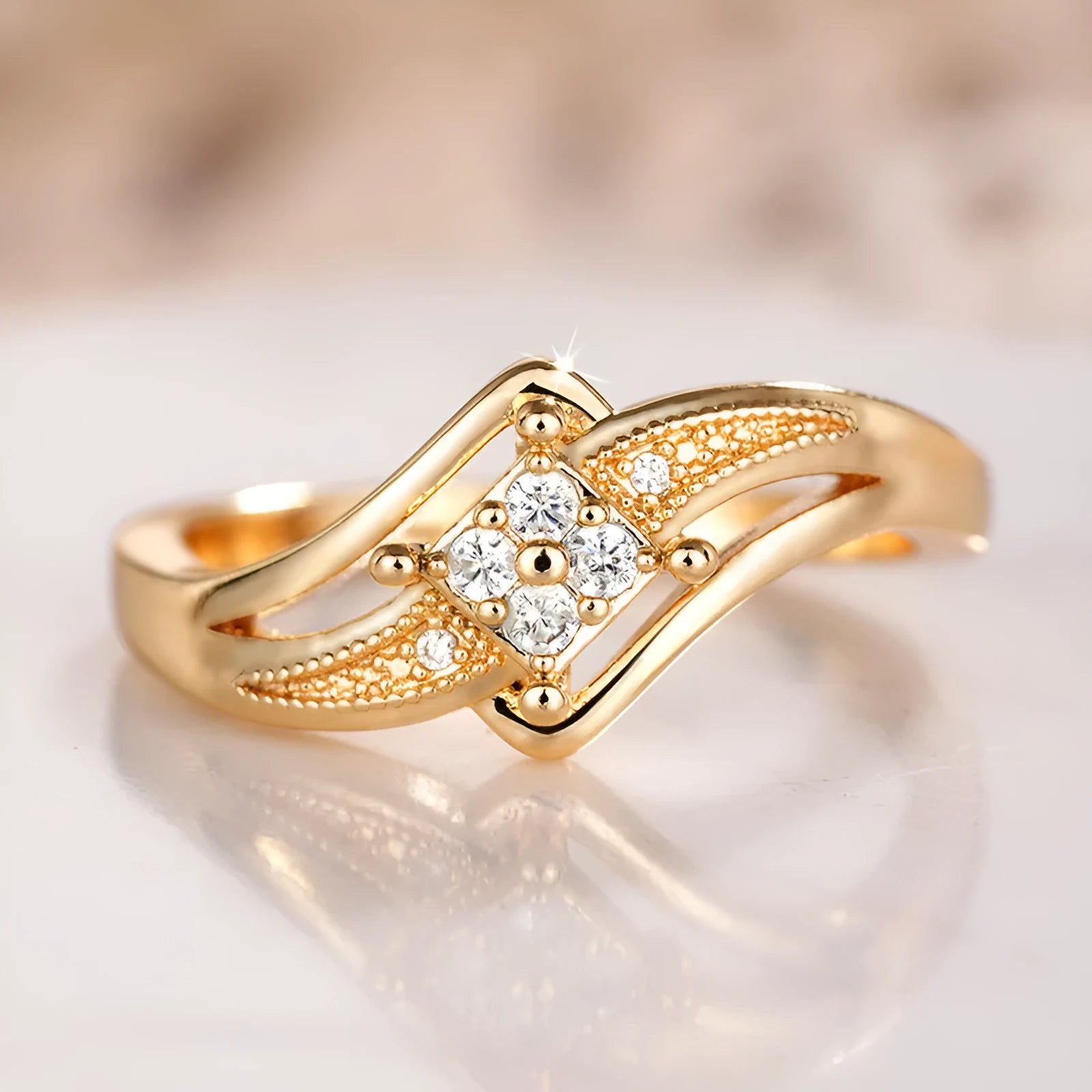 Women's copper diamond shape ring with micro inlaid zircon geometric design in yellow gold colour