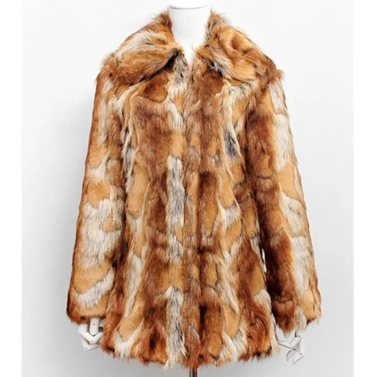 Women's tiger print faux fur leather jacket with regular sleeves and a mid-length 65cm fit.