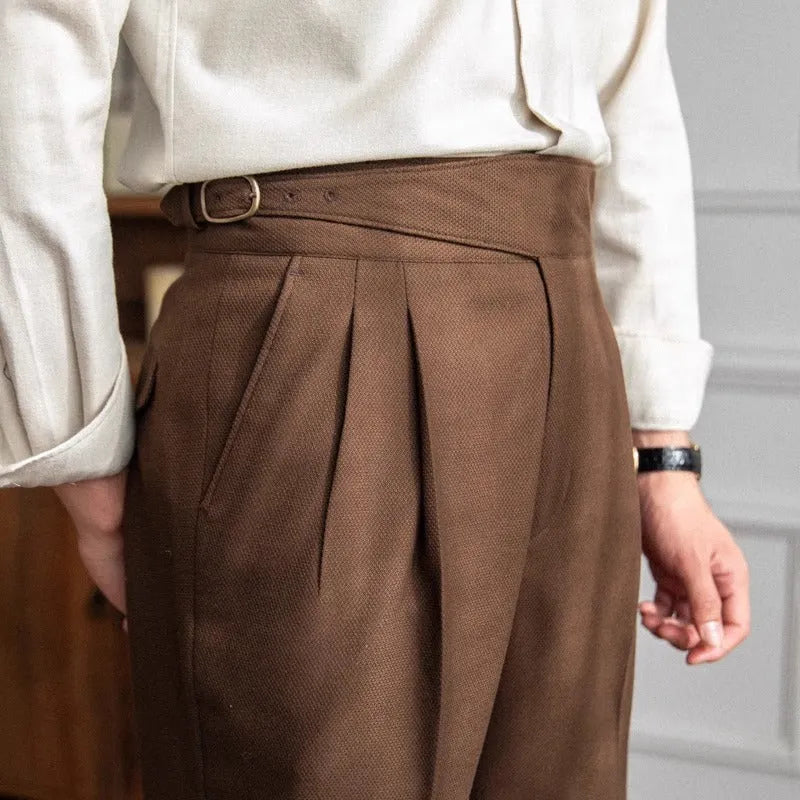 Man wearing black high-waist straight-leg casual polyester trousers.
