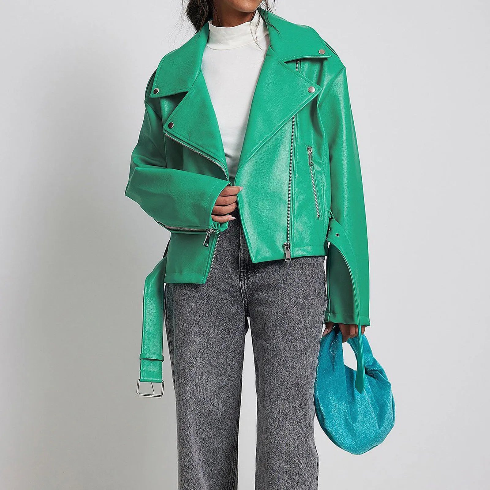 Punk style locomotive jacket with Peter Pan collar and drawstring waist in black