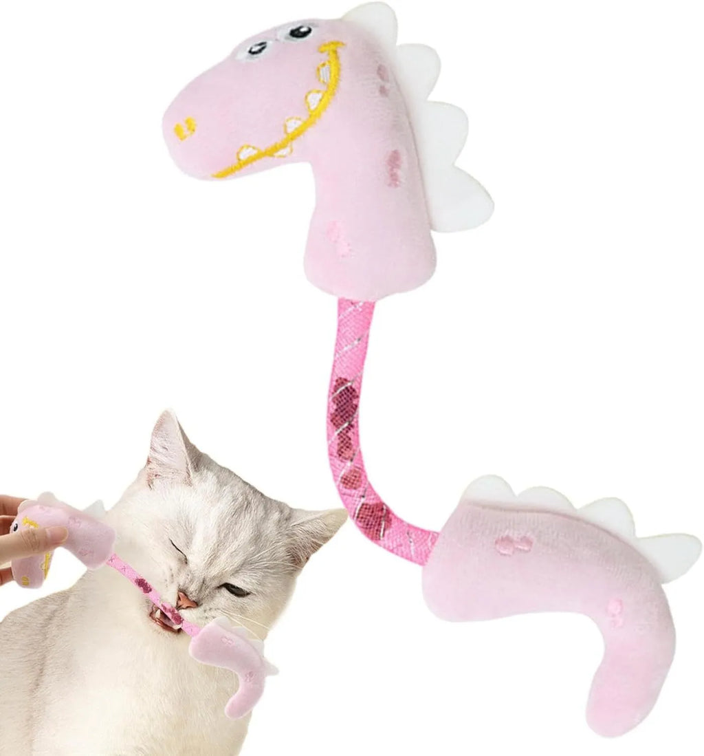 Four plush cat toys including catnip chew toy, squeaky mouse, textured fish, and bunny for indoor play