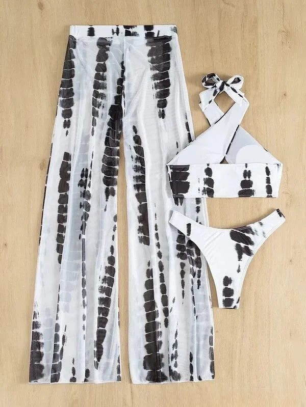 Three-piece swimsuit bikini set with mesh trousers in printing design for women's swimming and fitness