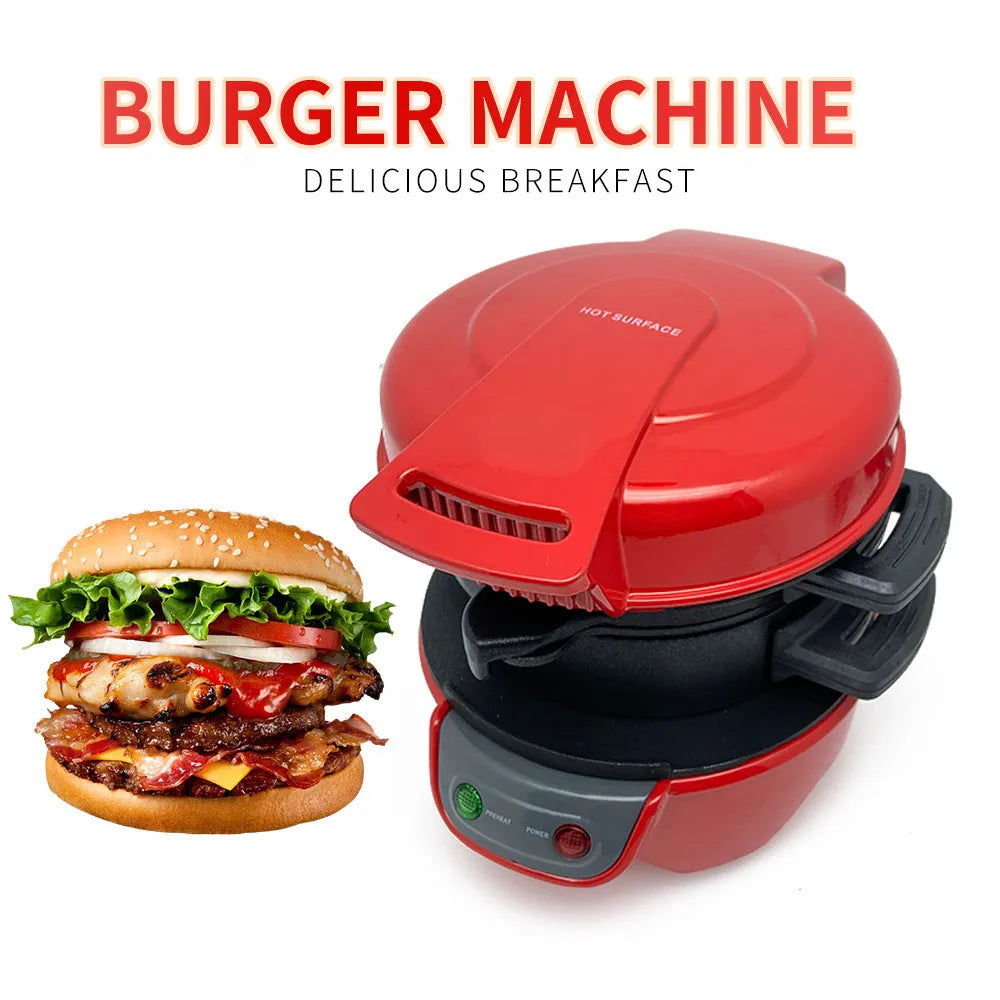 Bright red household breakfast sandwich maker with egg cooker ring and waffle plates on a kitchen counter.