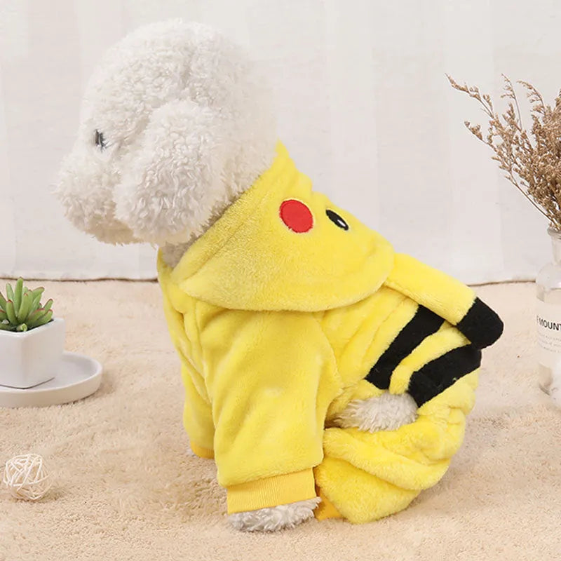 A cat or small dog wearing a soft fleece hooded winter coat in a cartoon style.