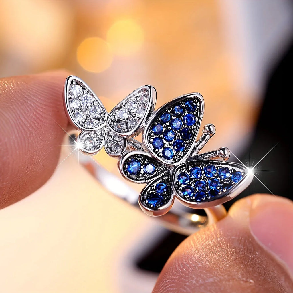 Blue and white butterfly ring TJZ40135 made from copper with electroplated finish, ring size No 8
