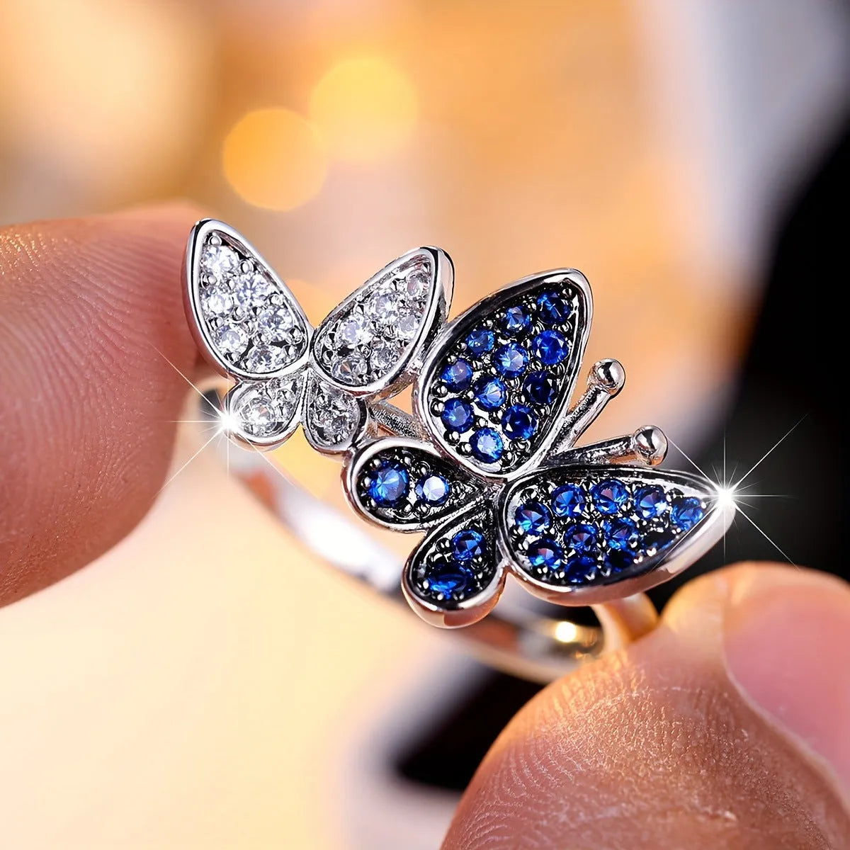 Blue and white butterfly ring TJZ40135 made from copper with electroplated finish, ring size No 8