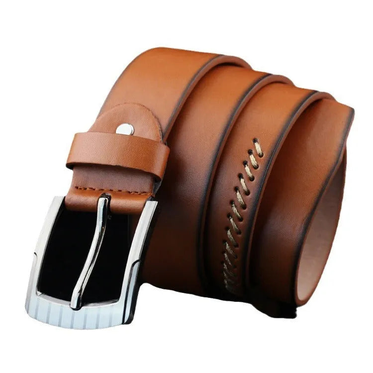 Men's imitation leather belt with pin buckle in black, brown or white colours showing retro pattern detailing