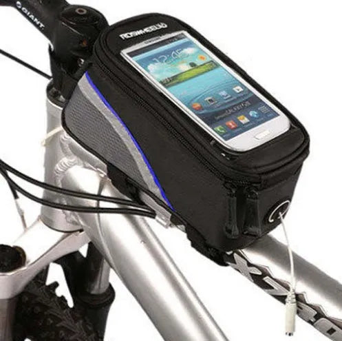 ROSWHEEL PVC bicycle phone bag holder for iPhone in black mounted on bike frame