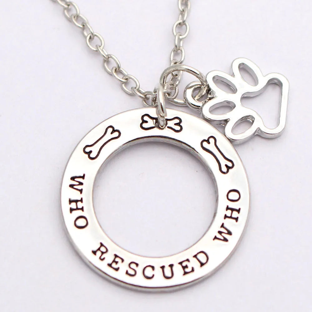 Who Rescued Who pet dog lover accessory in white alloy electroplated finish