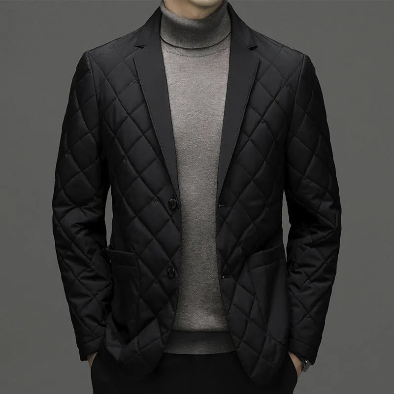 Men's winter down jacket with lapel collar and side pockets in solid colour