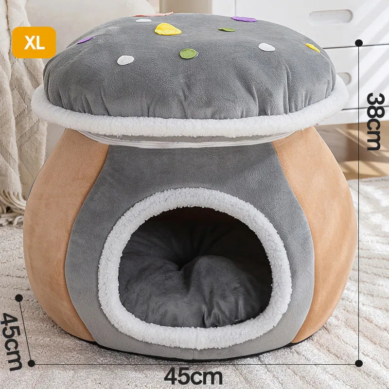 Plush grey mushroom-shaped cat bed with a detachable rabbit fur blanket inside.